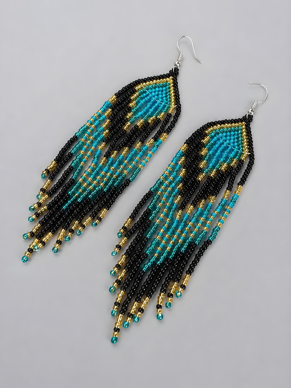 Coastal Geo Boho Seed Bead Fringe Earrings Ombre Handmade Beaded Jewelry
